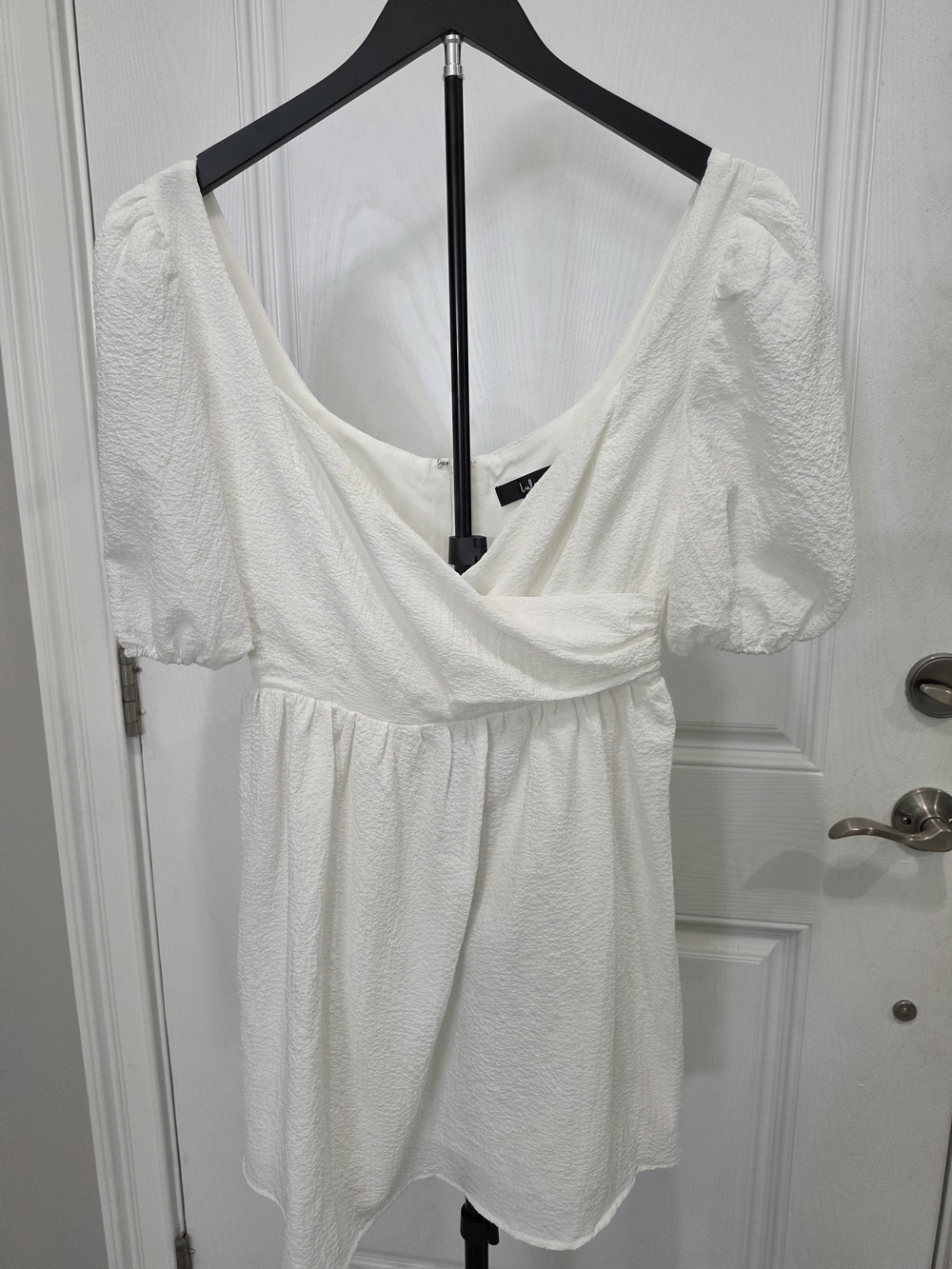 Lulu's White Puff Sleeve V-Neck Mini Dress